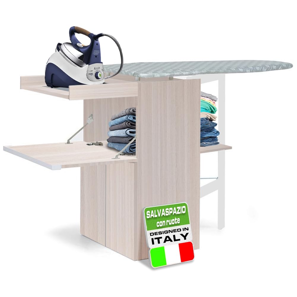 Shally Dogan Mobile Asse da Stiro a Scomparsa Salvaspazio Richiudibile, Mobiletto Pieghevole Telaio in Legno per Stiratura Veloce, 4 Ruote per Spostamento, Ideale Lavanderia, Bagno (Olmo)