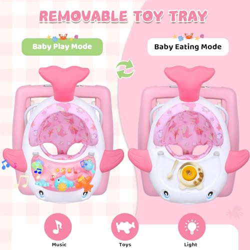 Baby Walker with Wheels, Music and Lights Foldable Baby Walker, 3 Adjustable Heights, Activity Walker for Baby Boy and Girl 6-18 Months, Pink Print