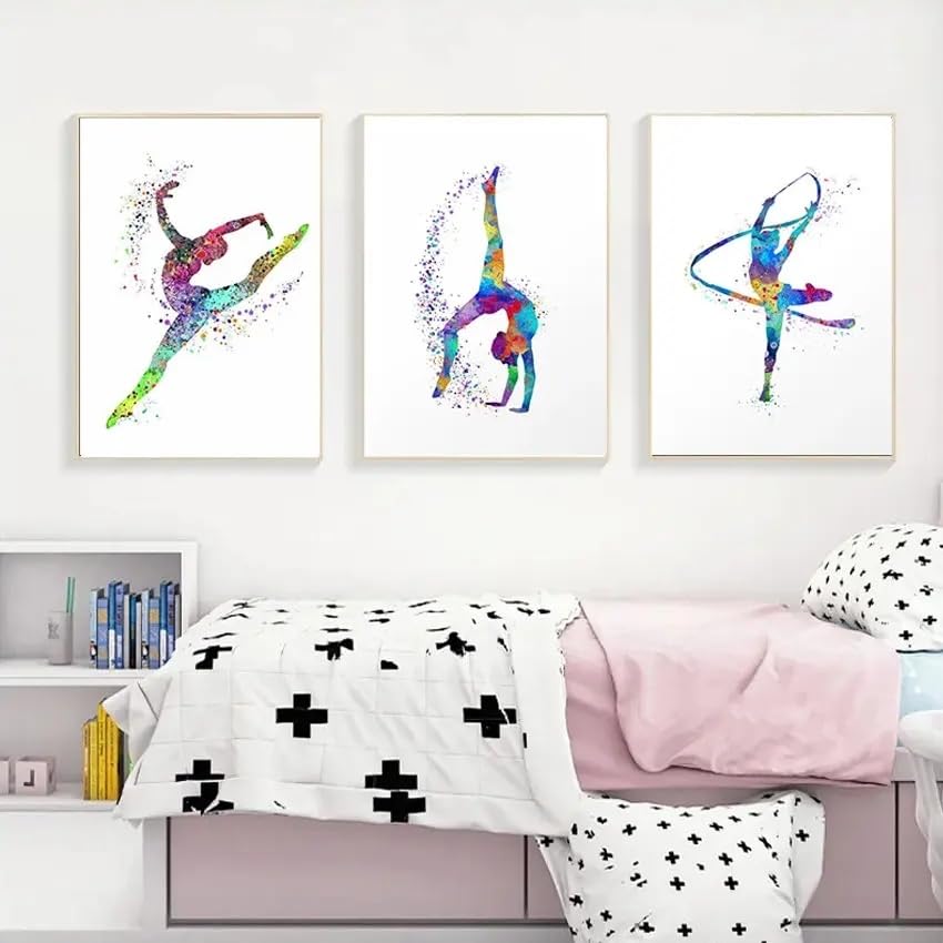 LTjiajuypd Stampe su tela, dipinto di ragazza, ginnastica, sport, balletto, bodybuilding, astratto, acquerello, poster, dipinto su tela, arte da parete (60x85 cm - 3 pezzi)
