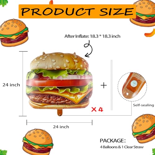 Image of 4PCS Hamburger Balloons, 24 inch Realistic Cheeseburger Foil Balloons, Funny Fast Food Themed Birthday Party Decorations