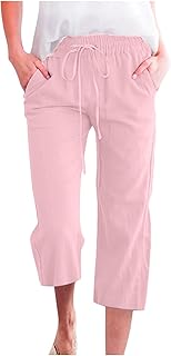 Pantalones capri de lino con cordón para mujer, estilo casual, de verano, color liso, holgados, de algodón, de lino, pantalones capris para la playa, rosa, M