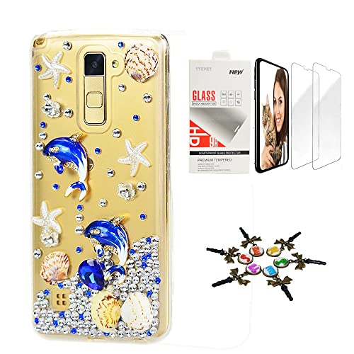 STENES Bling Phone Case Compatible with LG Stylo 5 / Stylo 5V / Stylo 5 Plus - Stylish - 3D Handmade [Sparkle Series] Dolphin Starfish Shell Design Cover with Screen Protector [2 Pack] -