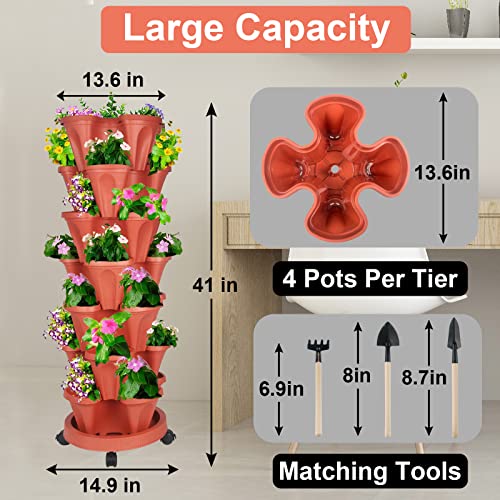 Dunchaty Stackable Planters 7 Tier Vertical Tower Garden Planters Strawberry, Herb, Flower, And Vegetable Planter Indoor Outdoor Gardening Pots With Removable Wheels And Tools, 2 Set #TOP6