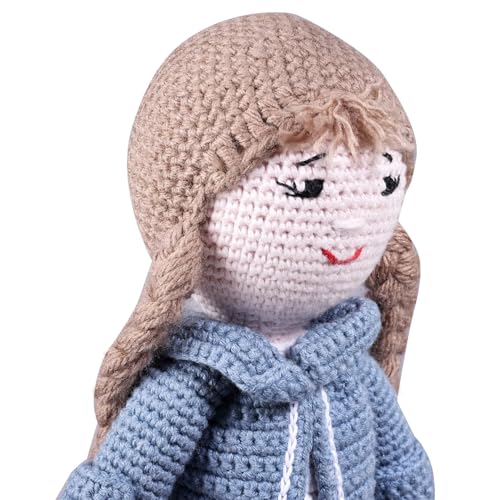Image of Bonfino Premium Handmade Miss Helen Crochet Doll for Girls & Boys, Cute Knitted Cotton Doll for Babies, Baby Doll for Kids, Soft Toys, 6+ Months, Birthday Gift, Height 35 cm, Blue&White, BIS Certified