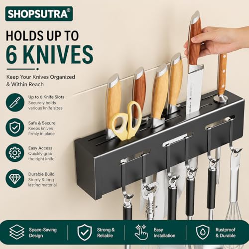 Image of Wall Mounted Knife Holder Rack with Hooks and Utensil Cups, Stainless Steel, Black, 40 cm