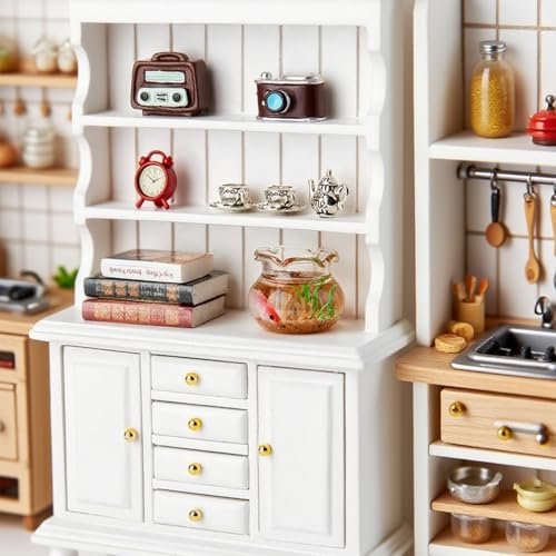Bibliothèque miniature en bois 1:12 d'ébénisterie avec accessoires de salon