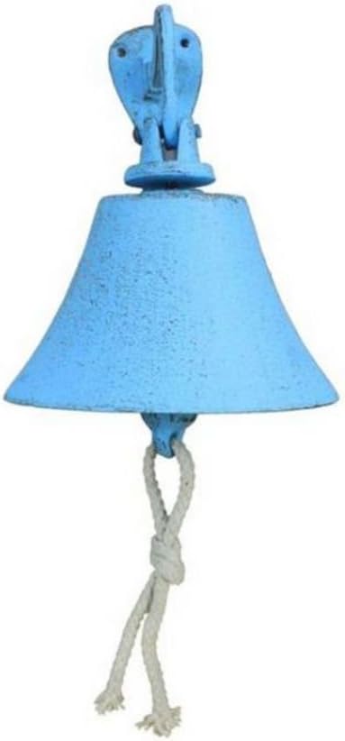 Hampton Nautical Rustic Hanging Ship's Bell 6" Decoration-Antique Vintage Cast Iron, Solid Light Blue