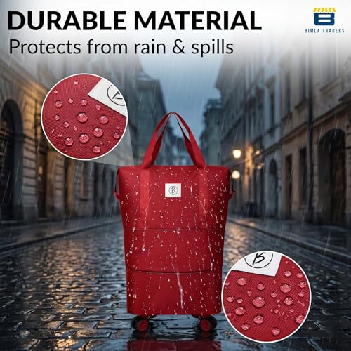 Image of Btag Travel Duffle Bag with Wheels | Convertible Handbag, Trolley & Shoulder Luggage for Clothes | Space-Saving Foldable Travel Companion | Expandable & Waterproof Traveling Bag for Unisex (Wine Red)