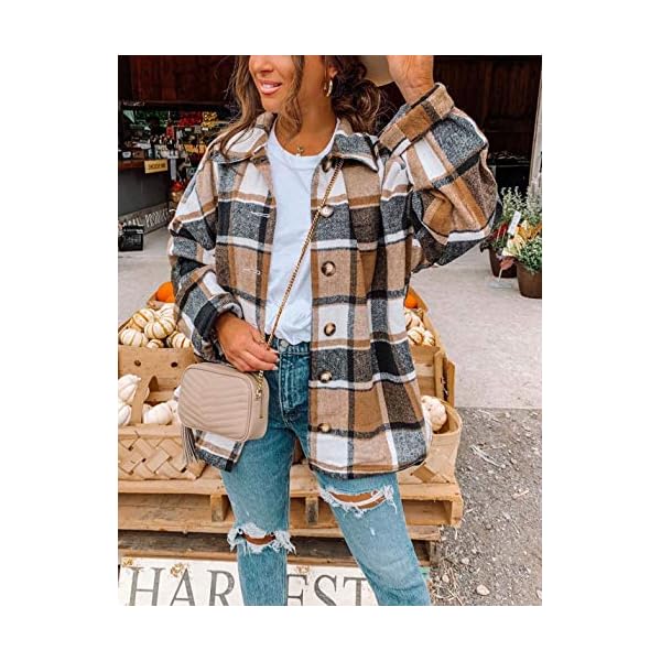 Yeokou Women's Fall Color Block Plaid Flannel Shacket Jacket Button Down Shirt Coat Tops(Khaki-L)