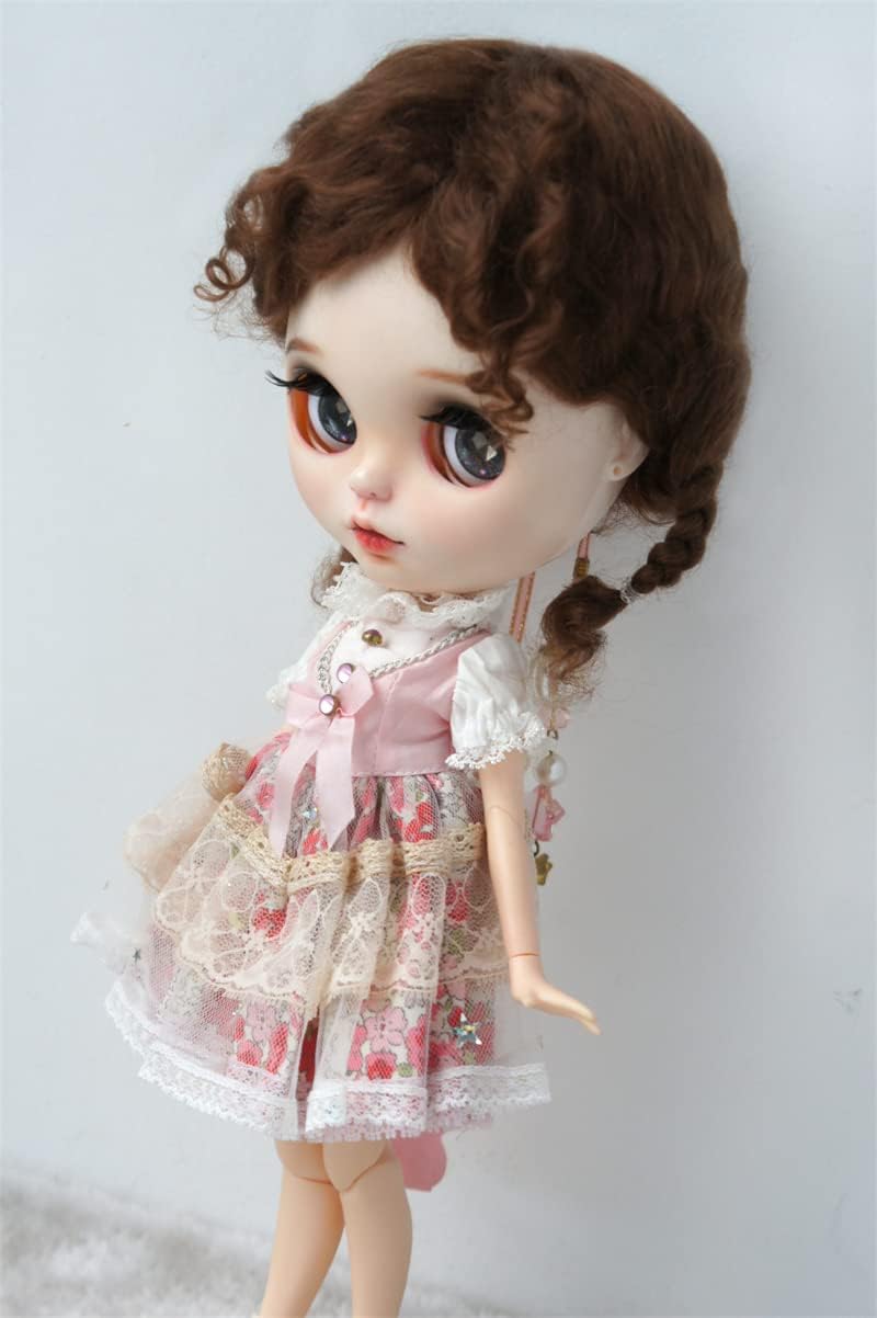 QBaby Doll Wigs JD644 9-10inch 23-25cm Messy Baby Curly Mini Twintail Mohair BJD Hair DOD Doll Accessories (L.t Brown M11)