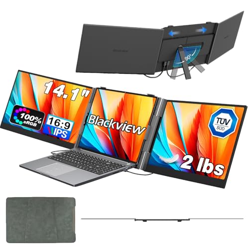 Image of Blackview Triple Laptop Screen Extender 14 inch USB C Plug Play | Detachable 4.5mm 1kg, 1080P FHD IPS, 180 Rotate, Extend /Mirror /Portrait, 100W Reverse Charging, Compatible with Mac /Switch