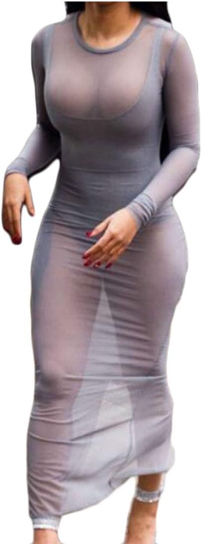Basic Stretch Sexy Clubwear Sheer Bodycon Perspective Maxi Dresses Grey US XS