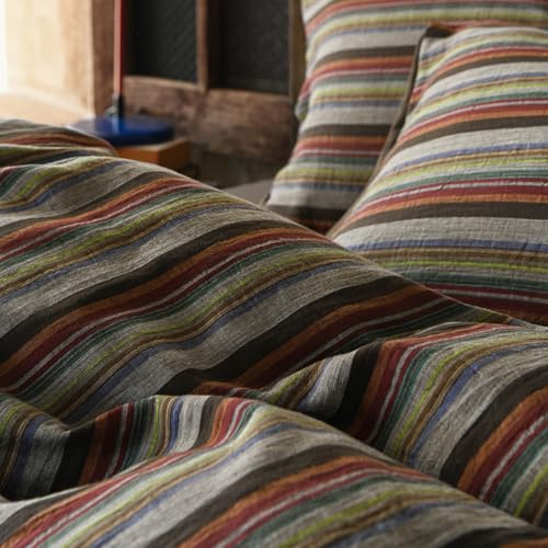 Image of VM VOUGEMARKET Multicolor Striped Duvet Cover Set King, 100% Cotton Double Layer Gauze Bedding Set,Retro Style Bohemian Striped Quilt Cover with Zipper Closure