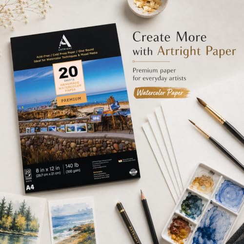 Image of ArtRight Artists' Watercolor Paper A4 300 GSM - 20 Sheets of Handmade Rough Grain Water Colour Papers for Watercolour, Acrylic, Gouache, Ink & Mixed Media
