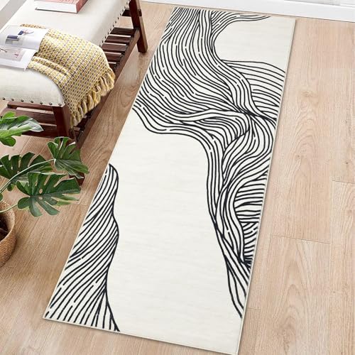 GarveeHome Runner Rug 2x6 Modern Abstract Entryway Runner Rug Washable Rug Contemporary Lines Hallway Runners Indoor Soft Faux Wool Rug Non-Slip Low Pile Runner for Laundry Kitchen Bedside Cream