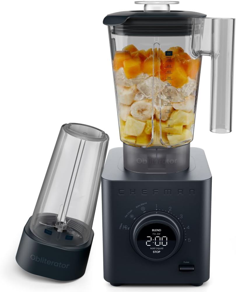 Chefman Obliterator 48 oz Countertop Blender for Smoothies, 1380W Motor to Crush Ice, Nuts, and Frozen Fruit with Stainless Steel Blade, Auto Blend Function, Includes 20 oz Travel Jar Midnight Power Blender + 1 Travel Jar INCOMPLETE NOT TESTED