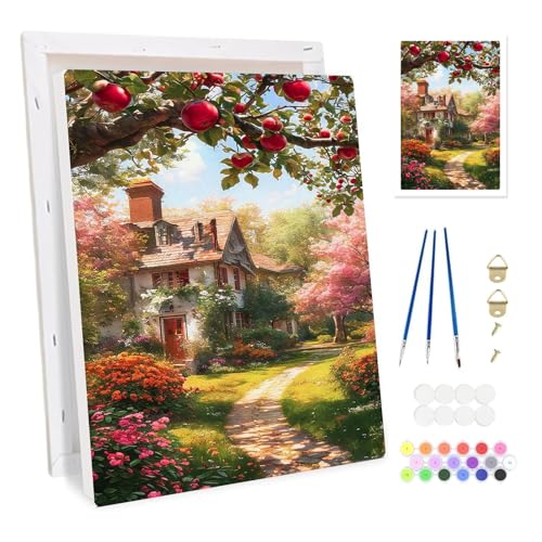 Bowetile Cabaña en el Pueblo Marco Pintar por Números para Adultos, Kit de Lienzo Paisaje para Principiantes, Kit Dibujo con Pigmentos Acrílicos para Decoración del Hogar 20x30cm