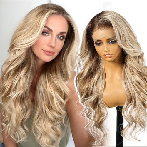 KOME Dirty Blonde Synthetic Lace Front Wig,13×6 Curly Glueless Wigs for Women Daily Use 26IN