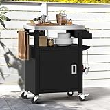 DWVO Outdoor Storage Table,Outdoor Kitchen Island with Stainless Steel Top and Wheels,Grill Cart for Kitchen Prep,BBQ,Grilling Accessories