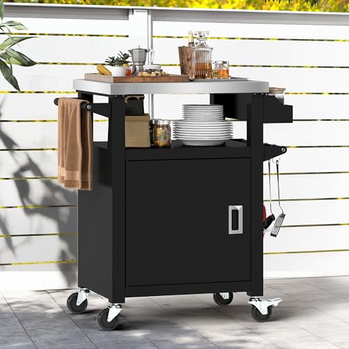DWVO Outdoor Storage Table,Outdoor Kitchen Island with Stainless Steel Top and Wheels,Grill Cart for Kitchen Prep,BBQ,Grilling Accessories