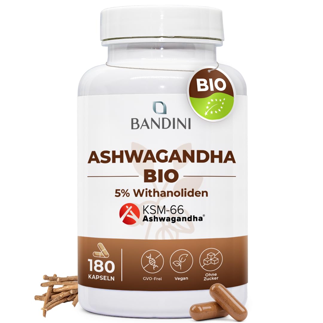 Bandini® Bio Ashwagandha KSM-66® - 180 Kapseln aus Withania Somnifera Pulver mit 5% Witanoliden - Hochdosiert mit 500mg je Kapsel – Hochwertige indische Schlafbeere - 6 Monate Vorrat - 100% Vegan