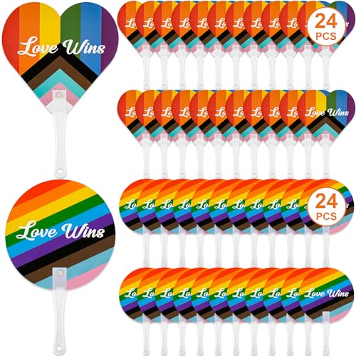Blowata 48 PCS Rainbow LGBT Hand Fans, Love Wins Handheld Fan, LGBTQ Plastic Heart Shape and RoundHand Fan, Rainbow Pride Parade Accessories, Pride Rainbow Stuffs for Gay Lesbian