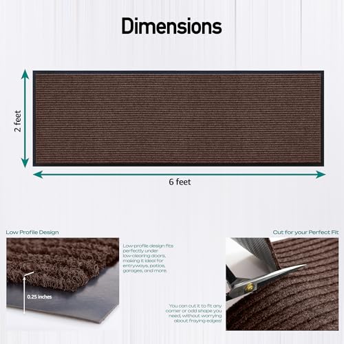Image of MaxMat Large Waterproof Doormat - Heavy Duty, Commercial, Low-Profile, Easy to Clean, Rubber Floor Mat (2 x 6 Feet, Brown, MXM-RIB0026BR)