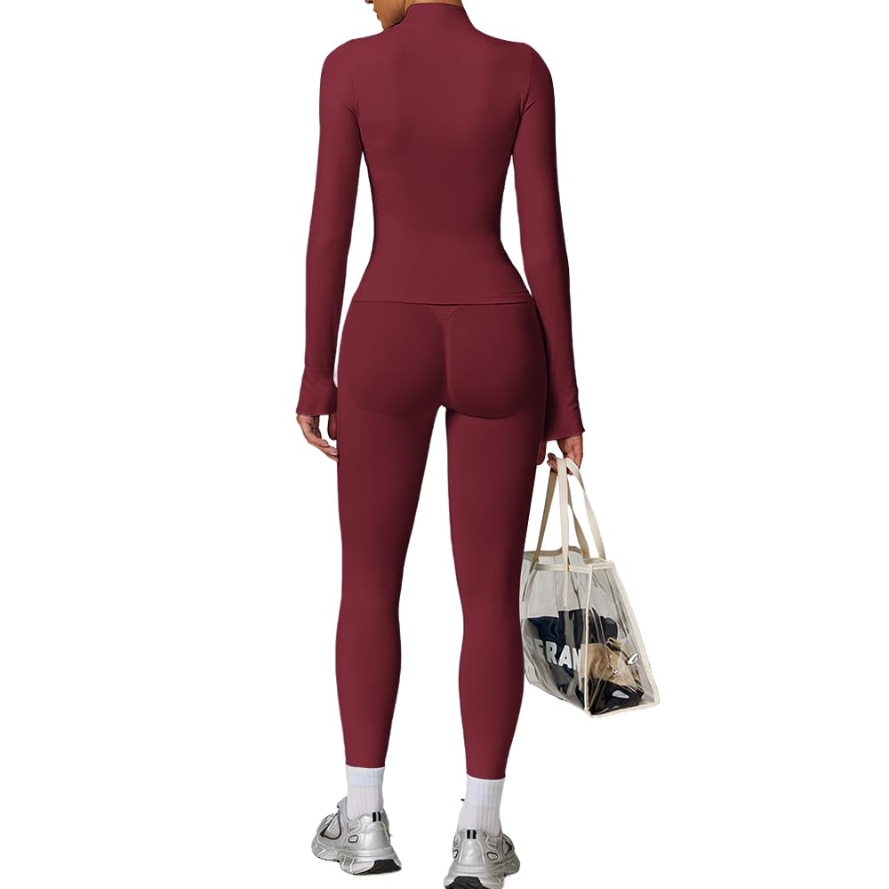 JN JANPRINT Conjunto de 2 piezas de gimnasio para mujer, traje de yoga, manga larga, ropa deportiva con cremallera, leggings de entrenamiento, ropa de fitness