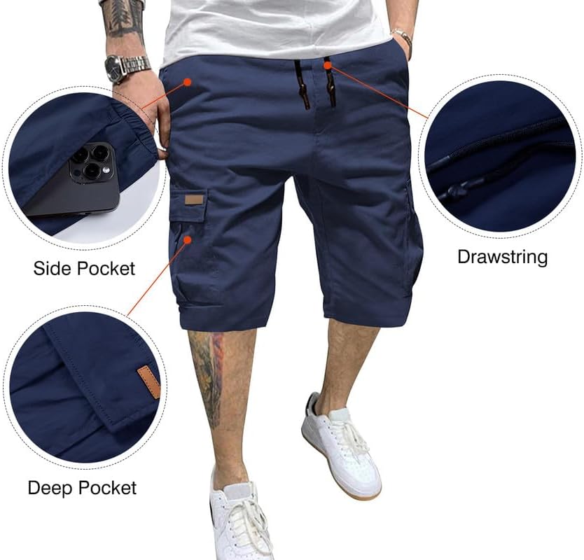 JMIERR Mens Casual Twill Cargo Shorts Cotton Drawstring Classic Cargo Stretch Short Below Knee 13 Inches with 6 Pockets
