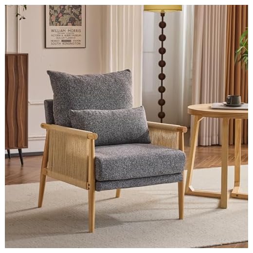 Bonnlo Rattan Accent Chair,Mid-Century Modern Armchair with Solid Wooden Armrest,Comfy Louge Chair with Waist Pillow, Boucle Chair for Bedroom,Living Room,Reading Room, Light Gray (Dark Grey)