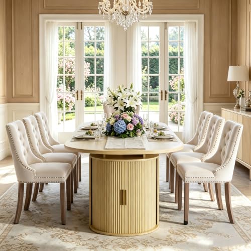 Image of 47in-118 in Extendable Dining Table for 4-12, Oval Expandable Kitchen Table | 5 Adjustable Lengths, Large Extra-Long Design, Natural Wood Grain Finish, Dual Hidden Storage Pedestal, Fluted Sliding Doors