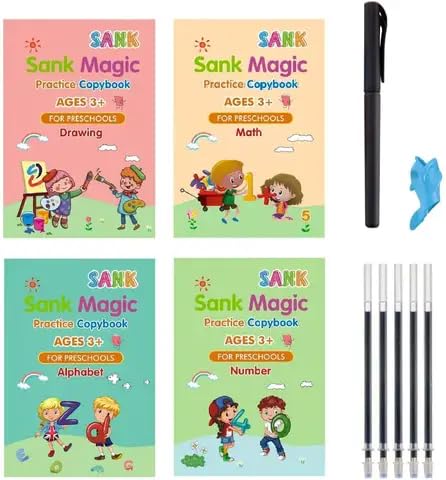 Sank Magic Practice Copybook, (4 BOOK + 10 REFILL+ 1 Pen +1 Grip) Number Tracing Book for Preschoolers with Pen, Magic Calligraphy Copybook Set Practical Reusable Writing Tool Simple Hand Lettering