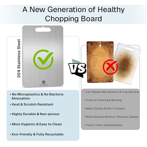 Image of HomeBasic Steel Chopping Board 36 x 25 cm | Food Grade 304 Stainless Steel, Double-Sided, Dishwasher Safe | Metal Cutting Board for Vegetables, Meat & Fish | Non-Porous, Rust Proof, Portable Handle