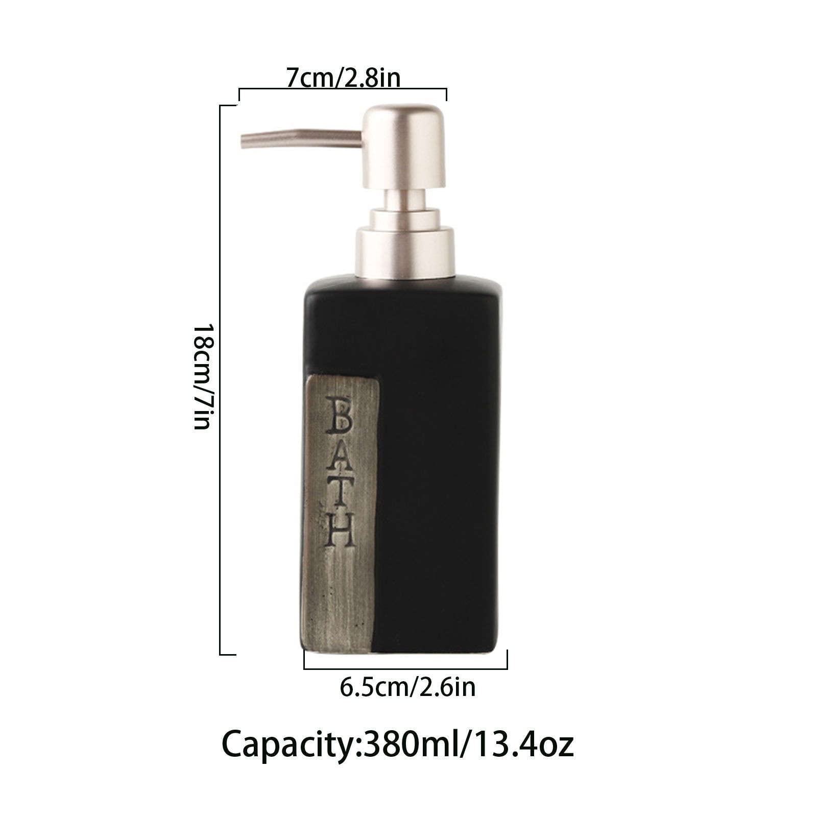 Dispensador de jabón, dispensador loción Cuadrado cerámica, Manos, champú rellenable, tocador baño encimera, Negro, 380 ml/13,4 oz
