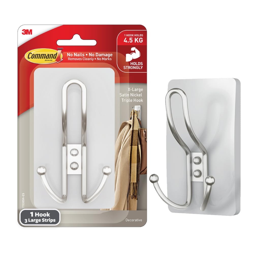3M Command XL Satin Nickel Triple Metal Premium Hook, Holds 4.5 kg, no Paint Damage, Heavy Duty, Holds Strongly, Reusable, Adhesive Hooks for Wall, Multi-Surface (1 Hook, 3 Strips)