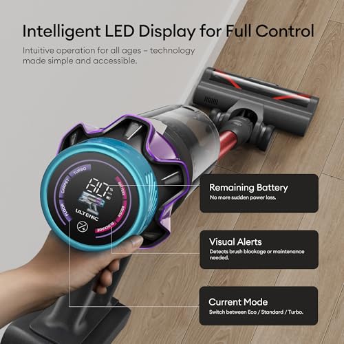 Image of Ultenic Cordless Vacuum Cleaner, 55KPA 600W 80Mins Stick Vacuum with Foldable Wand, Self-Standing, Touch Screen, Anti-Tangle Wireless Vacumm, Vacuum Cleaners for Home /Pet Hair /Carpets