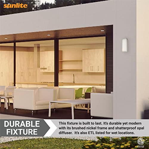 Image of Sunlite 81482 14 inch Modern LED Wall Sconce Light, Outdoor Fixture, Adjustable 3 CCT 3000K-5000K, 20 Watts, 1100 Lumens, Opal Shade, Brushed Nickel Frame, Indoor For Bathroom, Garage, Hallway & Entryways