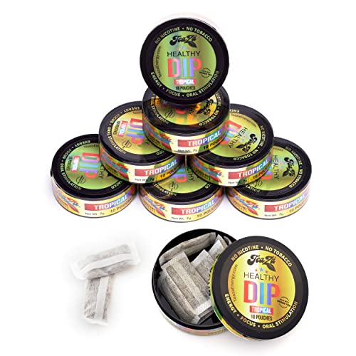 TeaZA Energy Pouches - Tobacco Free Chew Nicotine Free, Smokeless Alternative Snuff and Healthy Chewing Dipping Tobacco Alternative with Fruit Flavors Pineapple Mango Citrus (Tropical - 8 Pack)