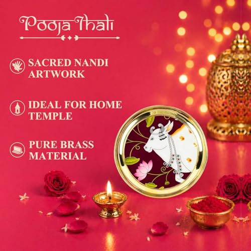 Image of Klassic 8 Inch Brass Pooja Thali, Traditional Auspicious Handcrafted Designed Bhog Plate for Puja Ghar Home Office Mandir Diwali Wedding Return Gift Items (Pack of 1, Golden)