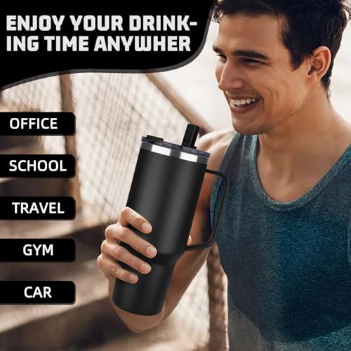 Image of 40 oz Tumbler with Handle and Flip Straw, 100% Leakproof Insulated Tumbler with Lid and Straw, Stainless Steel Travel Coffee Mug, Insulated Coffee Thermal Cup for Cold and Hot (Black)
