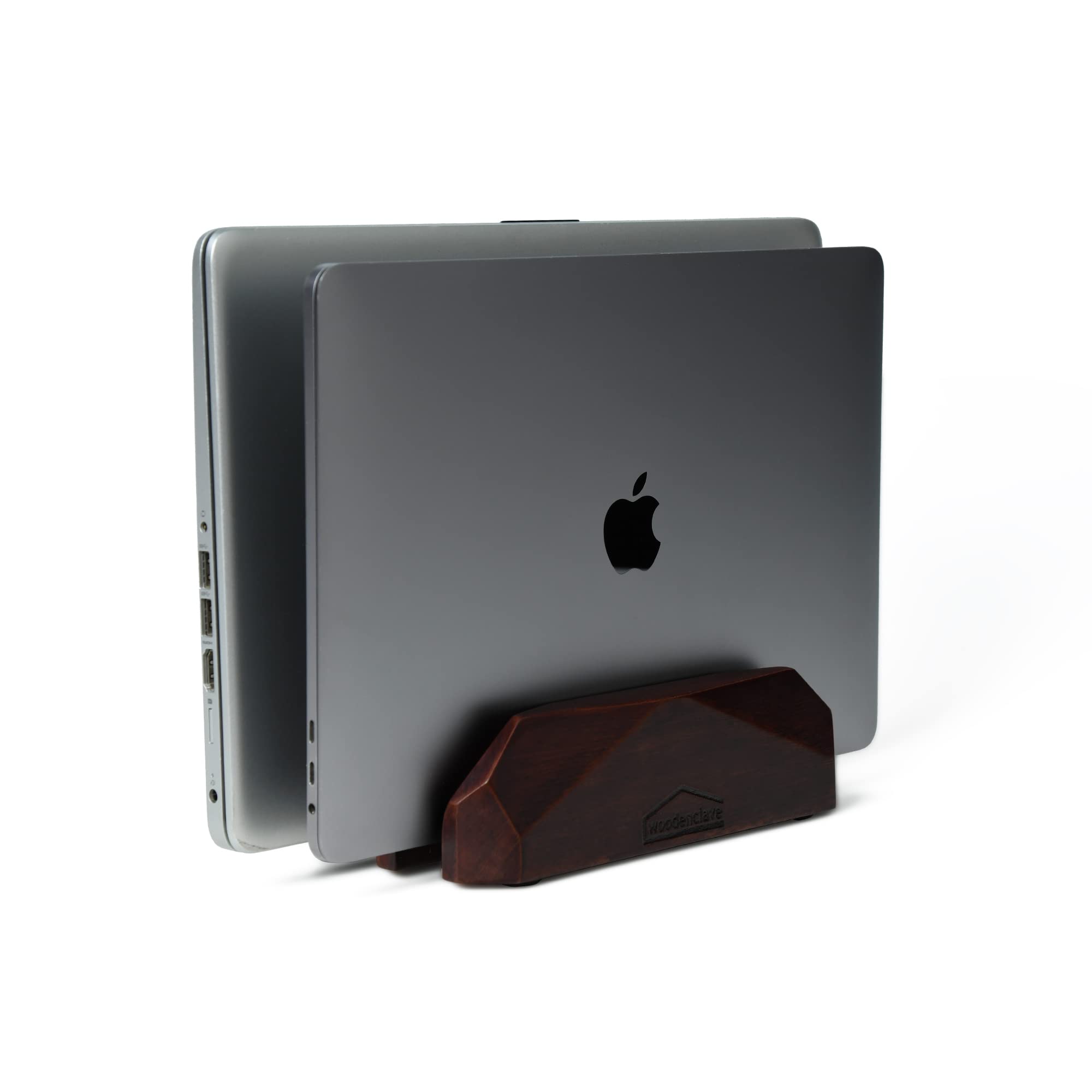 WOODENCLAVE Dual Laptop Vertical Stand, Natural Wood, Adjustable Dock, for Devices Up to 2 Cm Thick, Compatible with All MacBook Pro Air Ipad Surfaces, for Max. 2 Devices, Handmade, Mahogany
