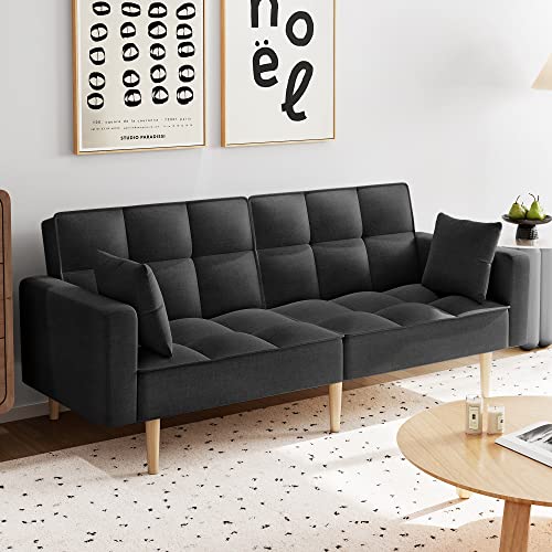 Senfot Futon Couch Sofa Linen Sofa Convertible Sofas, Modern Linen Upholstered Futons Couch Bed With 2 Pillows, Modern Design With Button Tufted And Thickened Wood Leg In Black #TOP4