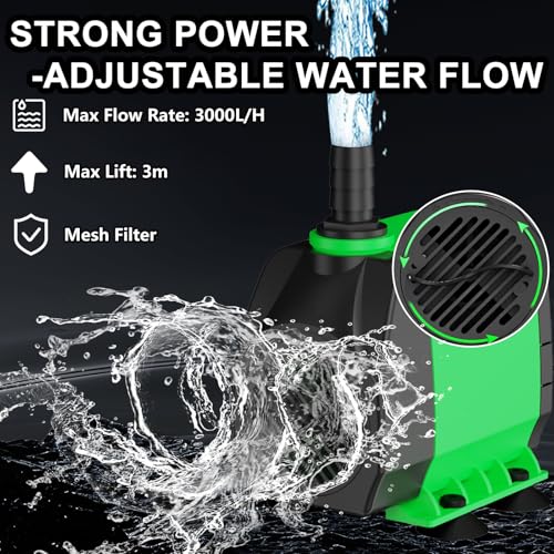 Springbrunnenpumpe 60W 3000L/H Teichpumpe Mit 3m Extra-Langes Kabel Schutz vor Überhitzung Funktion Ultra Leise Aquariumpumpe Wasserpumpen für Brunnen, Hydroponik-Systeme, Submersible Tauchpumpe
