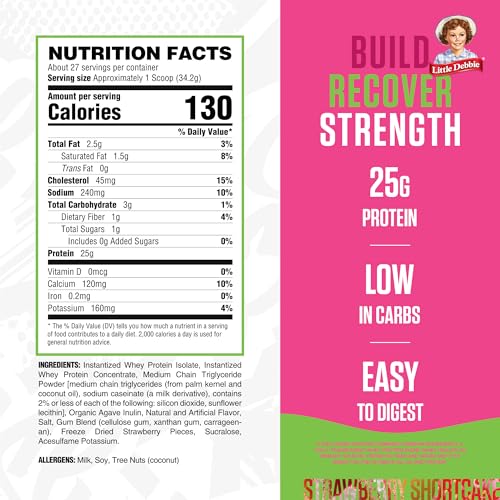 Image of RYSE Loaded Protein Powder - Little Debbie Strawberry Shortcake Rolls - 25g Whey Protein Isolate & Concentrate with Prebiotic Fiber & MCTs - Low Carb & Low Sugar - 27 Servings / 2 lb Tub