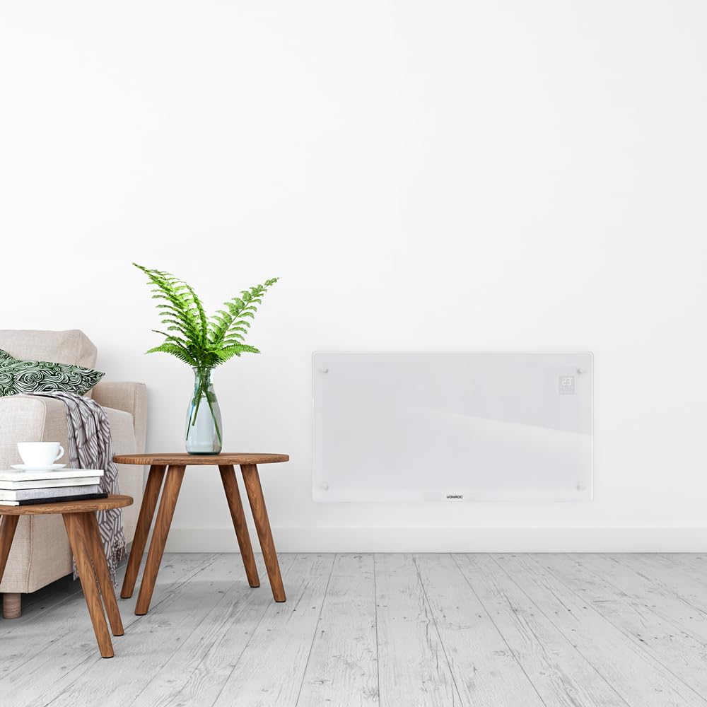 VONROC Convector eléctrico Smart 2500 W – Panel de cristal con pantalla LED – Control WiFi mediante App Tuya Smart Life – Termostato 5-50 °C – Temporizador – IP24 – Pared o suelo blanco