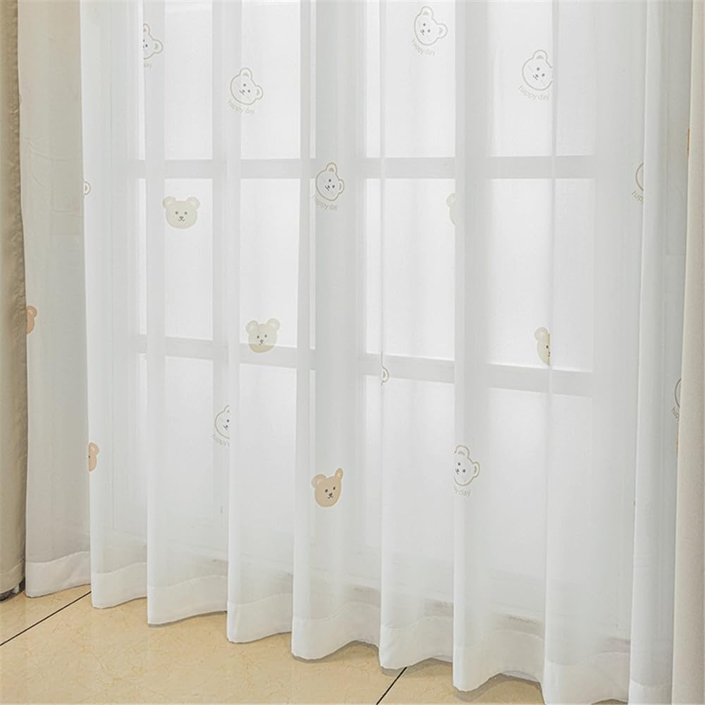 Cartoon Bears Kids Bedroom Sheer Curtains for Babys Room Living Room Grommet Top White Light-Filtering Print Bear Privacy Tulle Curtain for Nursery Baby Play Room 1 Panel (W52 L84 inch,White)