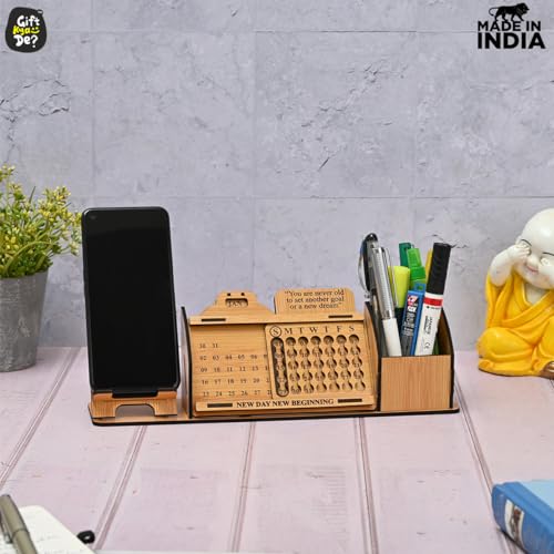 Image of GKD Wooden Desk Organizer with Lifetime Calendar, Phone Stand, Pen Holder & Buddha Design | Office Table Decor & Gift | inchNew Day New Beginning inch Quote (Bamboo Eco Friendly)
