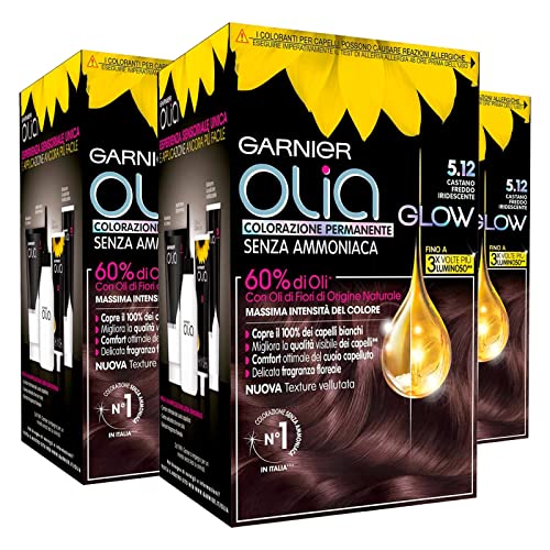 Garnier Olia Glow - Tinte permanente para el cabello, color 5.12, castaño frío, hidratante, sin amoniaco, fragancia delicada, 3 tonos