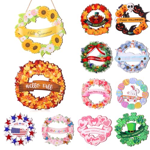 Geelin 12 Pcs Easter Seasonal Sign 12 Inch Hello Spring Door Decoration Rabbit Wood Wreath Holiday Wall Hanging Art for Easter 4th July Summer Outdoor Decor