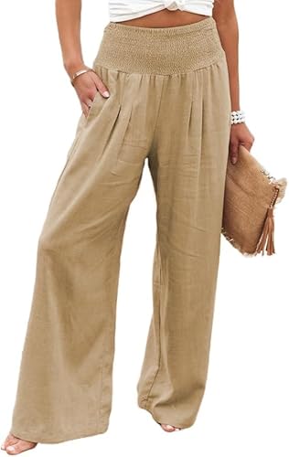 Women Summer High Waisted Cotton Linen Pants Wide Leg Long Lounge Pant Trousers with Pocket ﻿ (AU, Alpha, X-Large, Regular, Regular, Khaki)